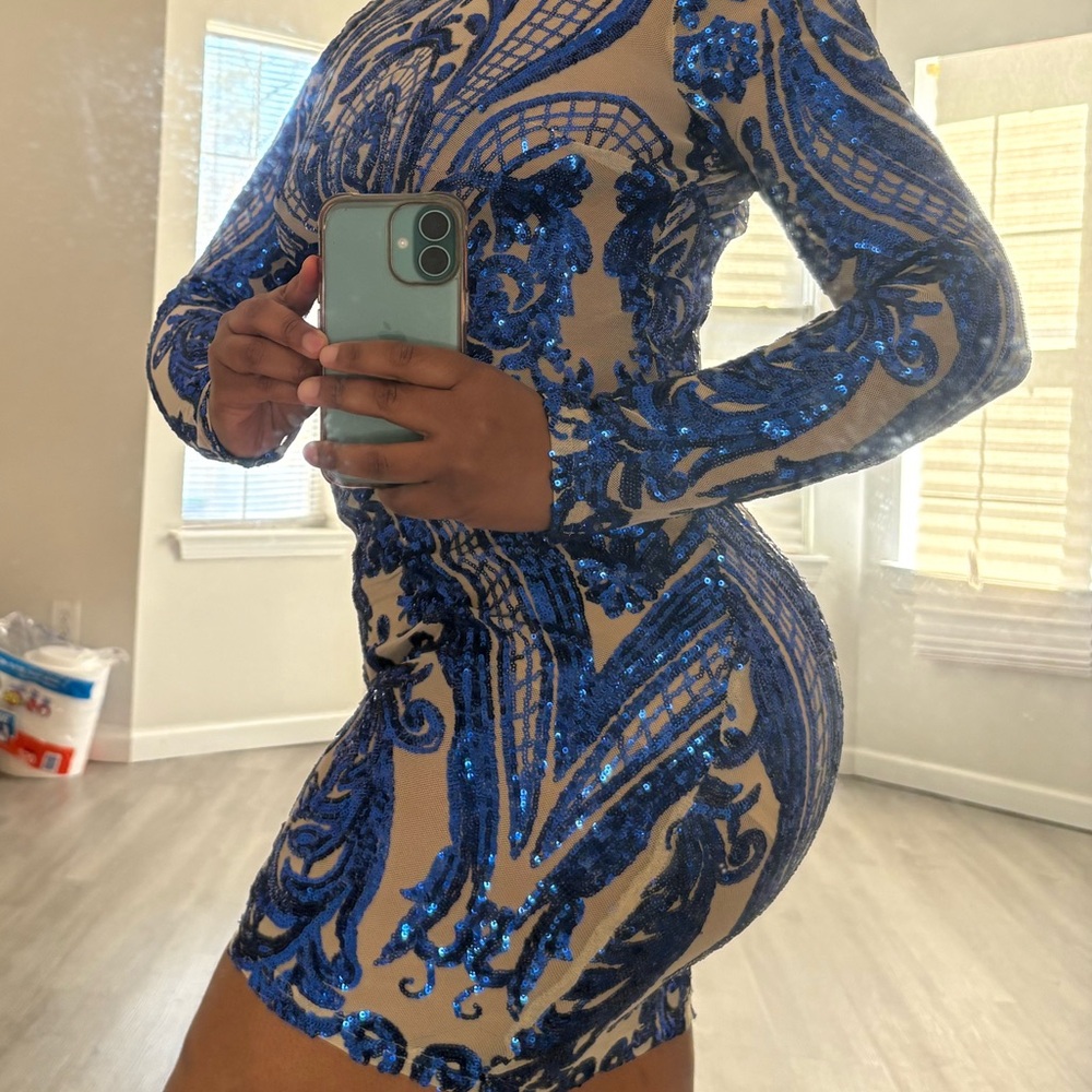 Blue Sequin Embellished Nude Mesh Bodycon Dress